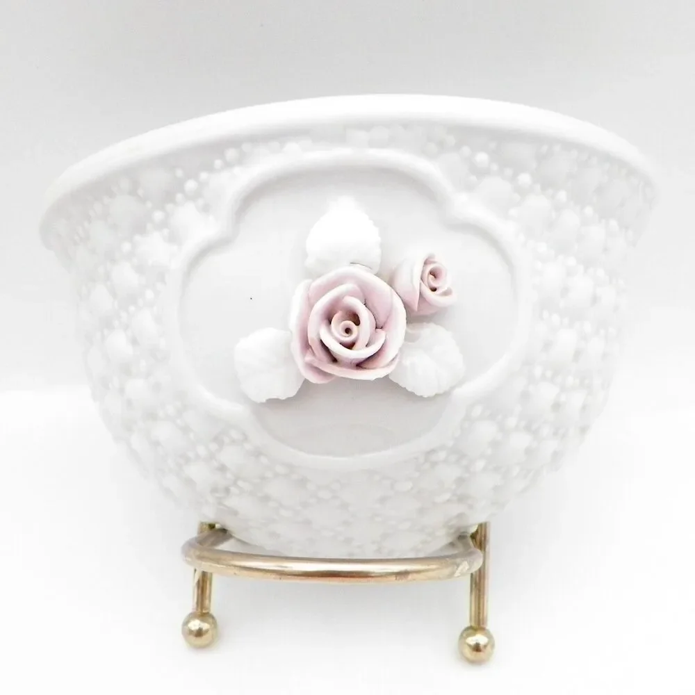 VTG Ceramic Wall Pocket Faux Lavabo MCM Embossed Quilt Pattern Applied Pink Rose